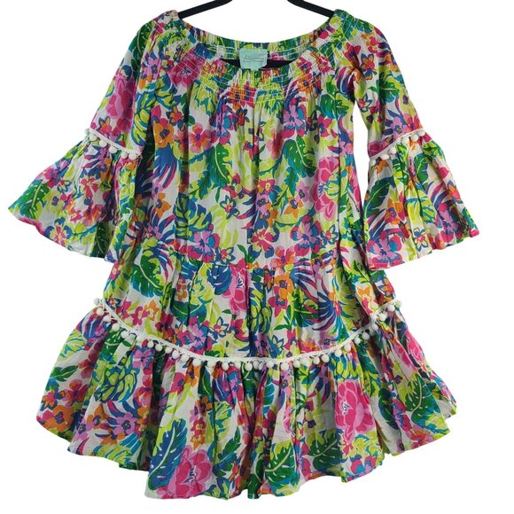 True Destinations Dresses & Skirts - True Destinations Floral Off-Shoulder Bell Sleeve Pom Pom Hem Dress Sz XS
